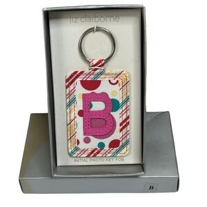 Initial “ B” Vegan Leather Pink & Colorful Pattern Fabric Photo Keychain Fab NEW